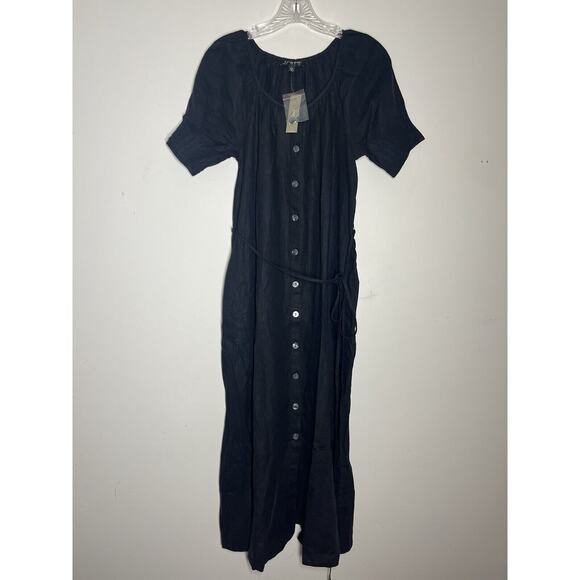 J Crew Button Up Midi Dress Linen Womens XXS Black Puff Sleeves A Line Tie Waist - Picture 1 of 10